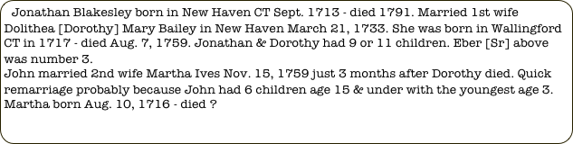 Jonathan Blakesley born in New Haven CT Sept. 1713 - died 1791. Married 1st wife Dolithea [Dorothy] Mary Bailey in New Haven March 21, 1733. She was born in Wallingford CT in 1717 - died Aug. 7, 1759. Jonathan & Dorothy had 9 or 11 children. Eber [Sr] above was number 3.
John married 2nd wife Martha Ives Nov. 15, 1759 just 3 months after Dorothy died. Quick remarriage probably because John had 6 children age 15 & under with the youngest age 3. 
Martha born Aug. 10, 1716 - died ?