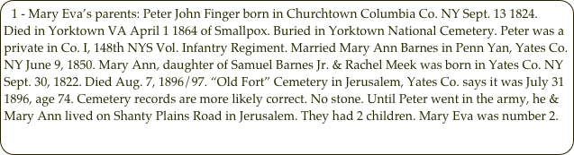 1 - Mary Eva’s parents: Peter John Finger born in Churchtown Columbia Co. NY Sept. 13 1824. Died in Yorktown VA April 1 1864 of Smallpox. Buried in Yorktown National Cemetery. Peter was a private in Co. I, 148th NYS Vol. Infantry Regiment. Married Mary Ann Barnes in Penn Yan, Yates Co. NY June 9, 1850. Mary Ann, daughter of Samuel Barnes Jr. & Rachel Meek was born in Yates Co. NY Sept. 30, 1822. Died Aug. 7, 1896/97. “Old Fort” Cemetery in Jerusalem, Yates Co. says it was July 31 1896, age 74. Cemetery records are more likely correct. No stone. Until Peter went in the army, he & Mary Ann lived on Shanty Plains Road in Jerusalem. They had 2 children. Mary Eva was number 2. 