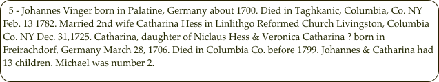 5 - Johannes Vinger born in Palatine, Germany about 1700. Died in Taghkanic, Columbia, Co. NY Feb. 13 1782. Married 2nd wife Catharina Hess in Linlithgo Reformed Church Livingston, Columbia Co. NY Dec. 31,1725. Catharina, daughter of Niclaus Hess & Veronica Catharina ? born in Freirachdorf, Germany March 28, 1706. Died in Columbia Co. before 1799. Johannes & Catharina had 13 children. Michael was number 2. 