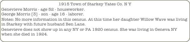                                                     1915 Town of Starkey Yates Co. N Y
Genevieve Morris - age 52 - houseworker.
George Morris [3] - son - age 16 - laborer.
Notes: No more information in this census. At this time her daughter Willow Wave was living in Starkey with future husband Ben Lane. 
Genevieve does not show up in any NY or PA 1920 census. She was living in Geneva NY when she died in 1924.