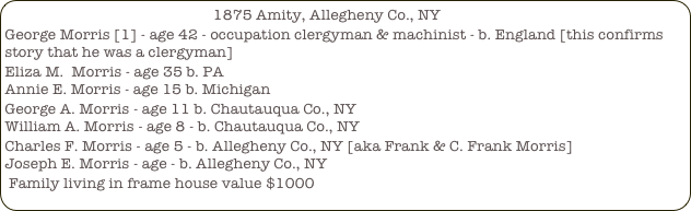                                                     1875 Amity, Allegheny Co., NY 
George Morris [1] - age 42 - occupation clergyman & machinist - b. England [this confirms story that he was a clergyman]
Eliza M.  Morris - age 35 b. PA
Annie E. Morris - age 15 b. Michigan
George A. Morris - age 11 b. Chautauqua Co., NY
William A. Morris - age 8 - b. Chautauqua Co., NY
Charles F. Morris - age 5 - b. Allegheny Co., NY [aka Frank & C. Frank Morris]
Joseph E. Morris - age - b. Allegheny Co., NY
 Family living in frame house value $1000