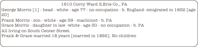                                                     1910 Corry Ward 3,Erie Co., PA
George Morris [1] - head - white - age 77 - no occupation - b. England- emigrated in 1852 [age 20]
Frank Morris - son - white - age 39 - machinist - b. PA
Grace Morris - daughter in law -white - age 30 - no occupation - b. PA
All living on South Center Street.
Frank & Grace married 18 years [married in 1892]. No children